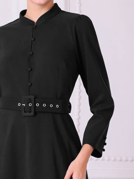 INSPIRE CHIC - Mock Neck Belted A-Line Dress