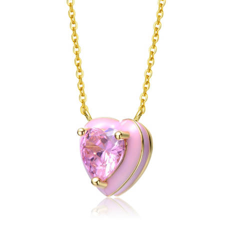 Rachel Glauber 14k Yellow Gold Plated with Pink Cubic Zirconia Pink Enamel Heart Pendant Necklace