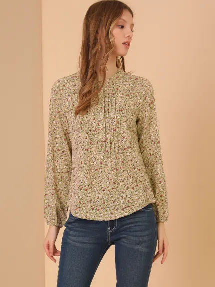 Allegra K- Pleated Front Long Sleeve Floral Peasant Blouse