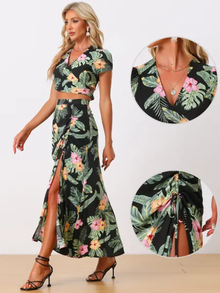 Allegra K - Tropical Wrap Crop Top Maxi Skirt Outfits