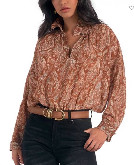 ELAN - Sheer Curry Paisley Long Sleeve Blouse Shirt