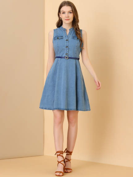 Allegra K- Denim Sleeveless Belted Flare Shirt Dress