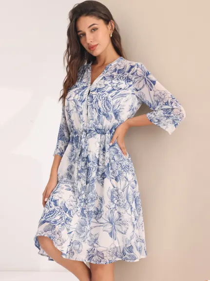 Hobemty- Floral Half Sleeve Tie Waist Button Down Dress