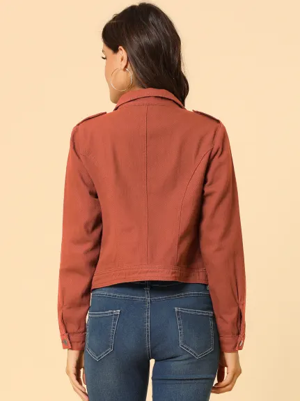 Allegra K- Veste en jean moto asymétrique à revers cranté et fermeture éclair