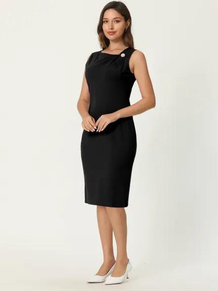 Hobemty- Sleeveless Asymmetrical Ruched Neck Sheath Dress