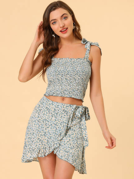 Allegra K- Floral Tie-Up Smocked Crop Blouse and Wrap Mini Skirt Set