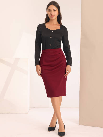 Hobemty- High Waist Pleated Front Midi Pencil Skirt