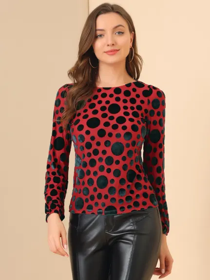 Allegra K- Dots Prints Velvet Burn-Out Long Puff Sleeve Blouse