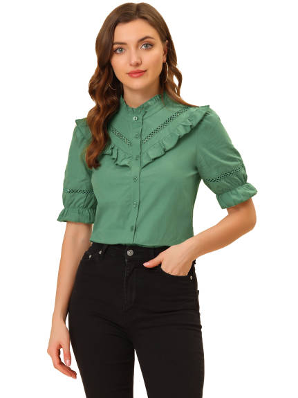 Allegra K - Button Down Cotton Ruffle Neck Shirt