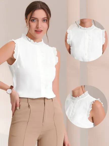 Allegra K- Ruffle Trim Button Down Top