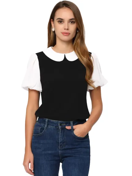 Allegra K- Peter Pan Collar Contrast Puff Top