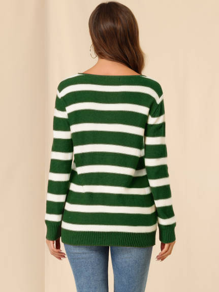 Allegra K- Round Neck Drop Shoulder Loose Striped Tunic Sweater