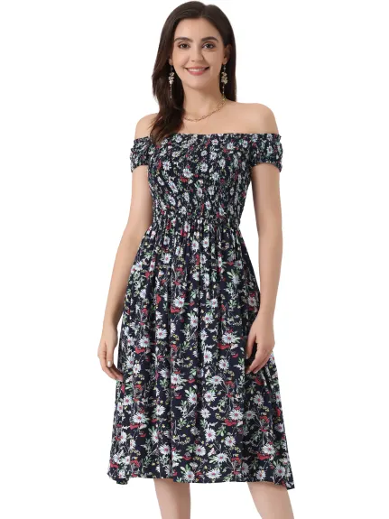 Allegra K- Off Shoulder Floral Smocked Dress