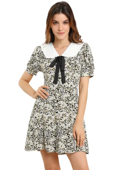 Allegra K- Floral Bow Tie Short Sleeve Shirt Dress