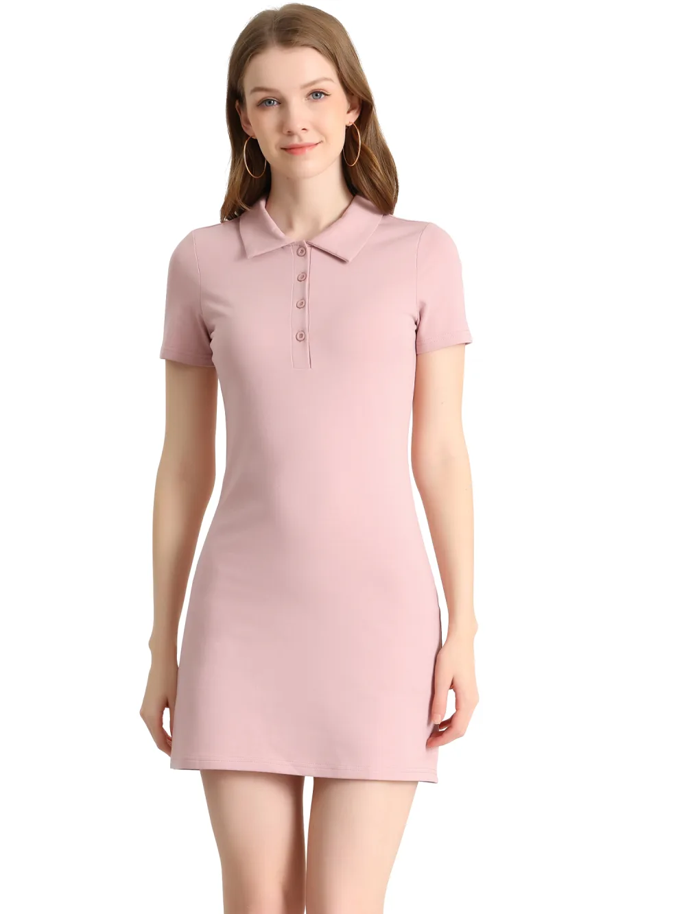 Allegra K- Short Sleeve Polo Collar Stretch Mini Cotton Dress