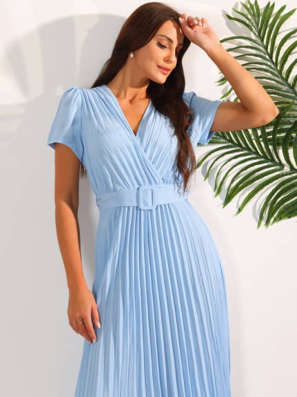 Allegra K- Short Sleeve V Neck Pleated Midi Dress