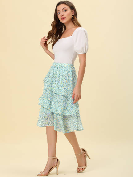 Allegra K- Ruffle Hem Layered Chiffon Midi Skirt