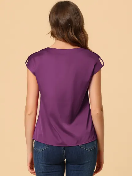 Allegra K- Cap Sleeve Silky Blouse Pleated Top