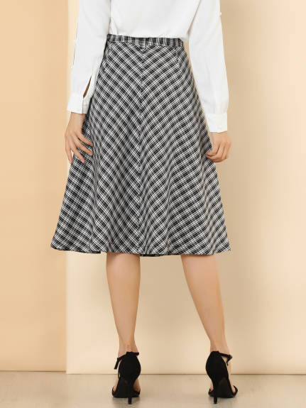 Allegra K- Plaid Tartan Belted A-Line Midi Skirt