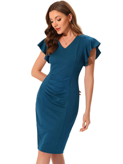 Allegra K- Ruffle Sleeve Ruched Bodycon Dress