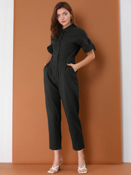 Allegra K- Turndown Collar Button up Tie Waist Cargo Jumpsuit