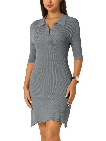 Hobemty- Lapel Collar Short Sleeve Knit Polo Dress