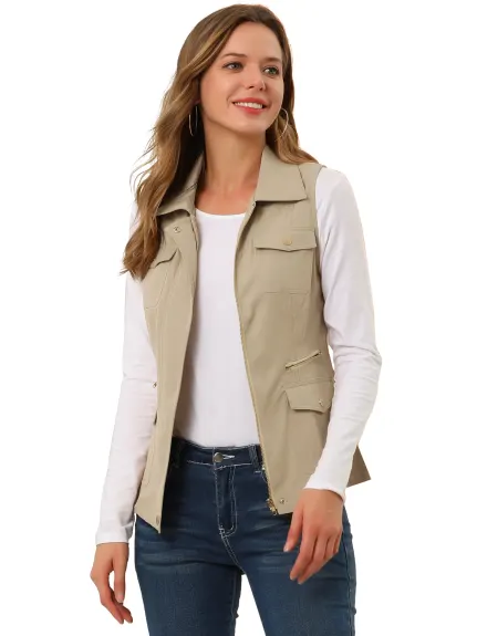 Allegra K- Zip Up Jacket with Pockets Cargo Utility Vest