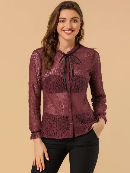 Allegra K- Lace Floral Semi Sheer Long Sleeve Blouse