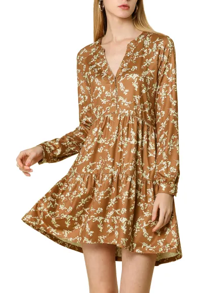 Allegra K- V-Neck Floral Tiered Loose Flare Dress