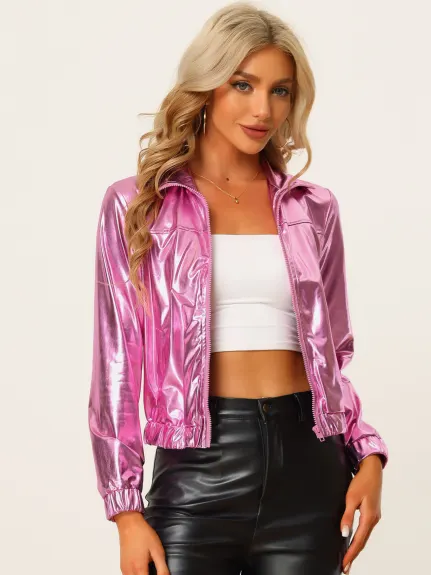 Allegra K- Metallic Veste de survêtement courte zippée brillante sur le devant