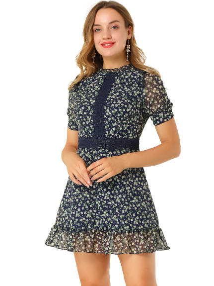 Allegra K- Dots Fit and Flare Ruffle Hem Floral Lace Inset Mini Dress