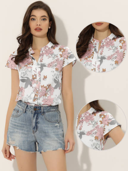 Allegra K- Satin Floral Cap Sleeve Blouse