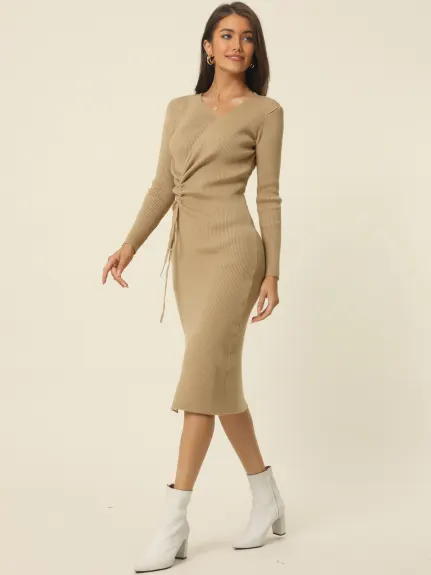 Allegra K- V Neck Ruched Drawstring Waist Side Slit Knit Bodycon Midi Sweater Dress