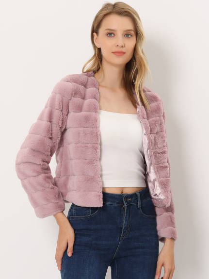 Allegra K- Cropped Collarless Faux Fur Fluffy Coat Jacket