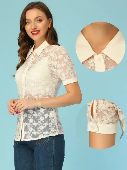 Allegra K- Blouse boutonnée en dentelle florale