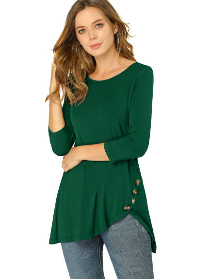 Allegra K- 3/4 Sleeve Tunic Asymmetry Button Top