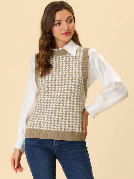 Allegra K- Round Neck Vest Sleeveless Houndstooth Plaid Sweater