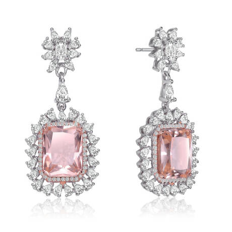 Genevive Sterling Silver White Gold Plated with Morganite Cubic Zirconia Halo Dangle Earrings