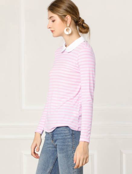 Allegra K- Contrast Collar Striped Blouse