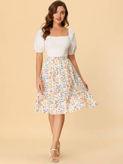 Allegra K- Ruffle Hem Tiered A-Line Floral Midi Skirt