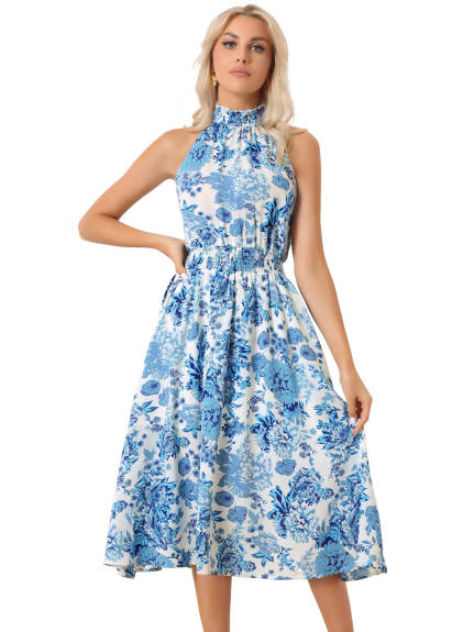 Allegra K- Halter Neck Sleeveless Floral Midi Dress