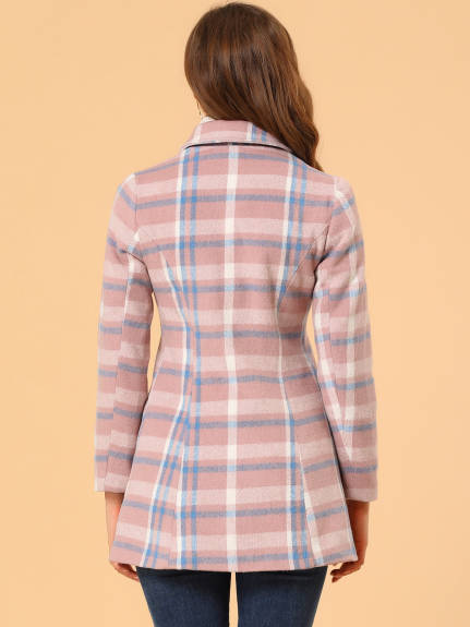 Allegra K- Turn Down Collar Plaid Toggle Duffle Long Overcoat