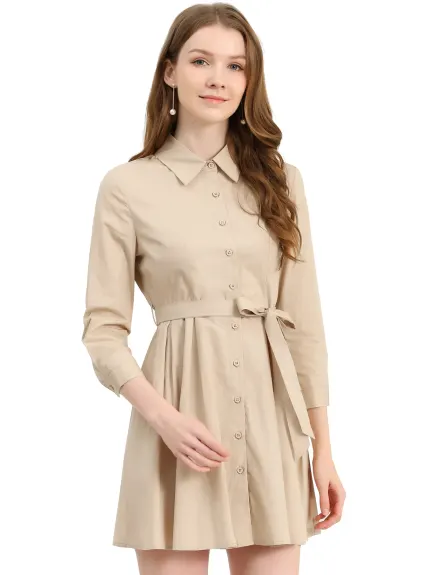 Allegra K- robe chemise à col pointu boutonné 3/4 manches ceinturées