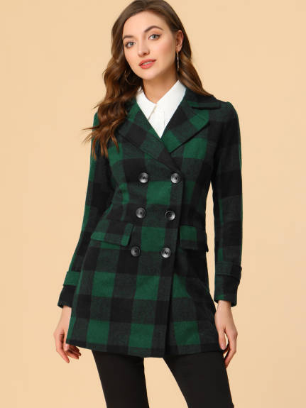 Allegra K- Notched Lapel Double Breasted Plaid Overcoat