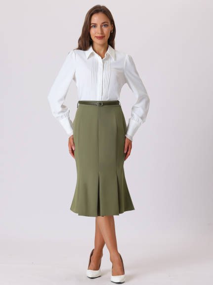 Hobemty- Below Knee Lenght Fishtail Skirt with Belt