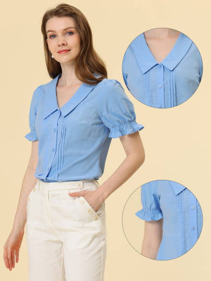 Allegra K- Lapel Pleated Short Sleeve Blouse