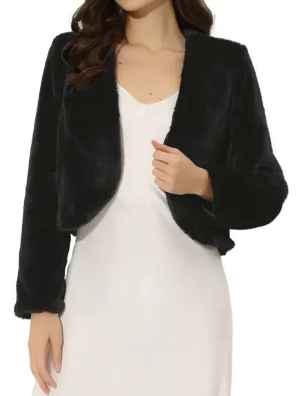 Allegra K - Open Front Faux Fur Cropped Jacket