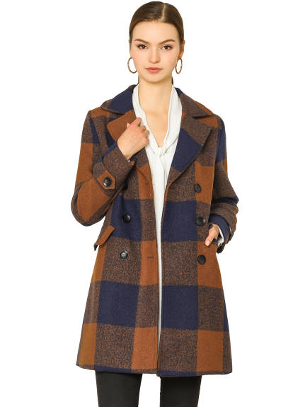 Allegra K- Notched Lapel Double Breasted Plaid Overcoat