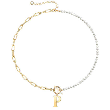 Rachel Glauber 14K Gold Plated Initial "P" Pearl Link Chain Necklace