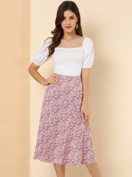 Allegra K- Elastic Waist A-Line Midi Leave Print Skirt